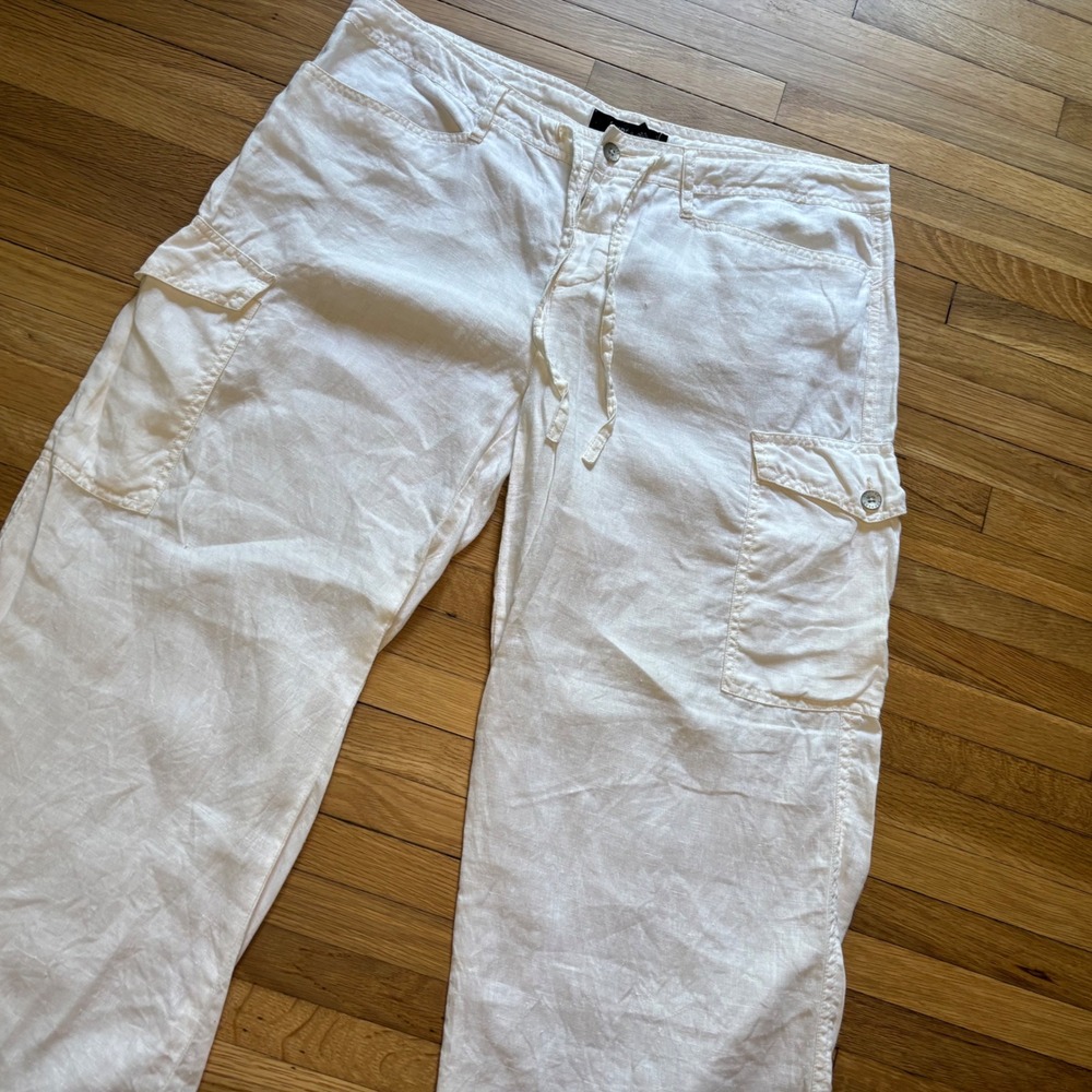 VTG Y2K 100% Linen Wide Leg Cargo Pants White Women size 9/10 Minimalist Express
